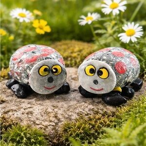 Hand Painted Stone Ladybug Figurines Set of 2 Folk Art Garden Decor 2”